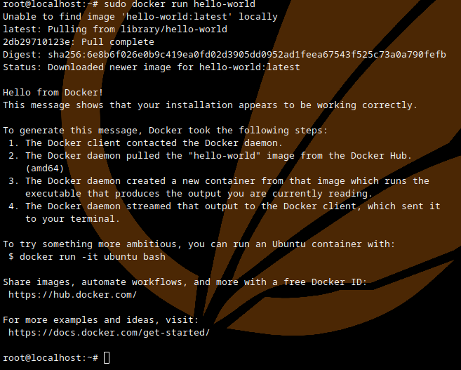 Screenshot of the docker run hello-world command running successfully